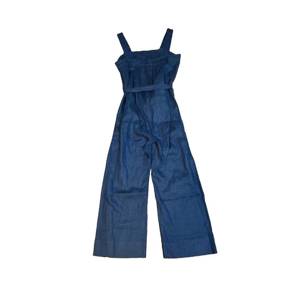 Quince Women's 100% European Linen Square Neck Tie Waist Jumpsuit Navy Blue Sz M